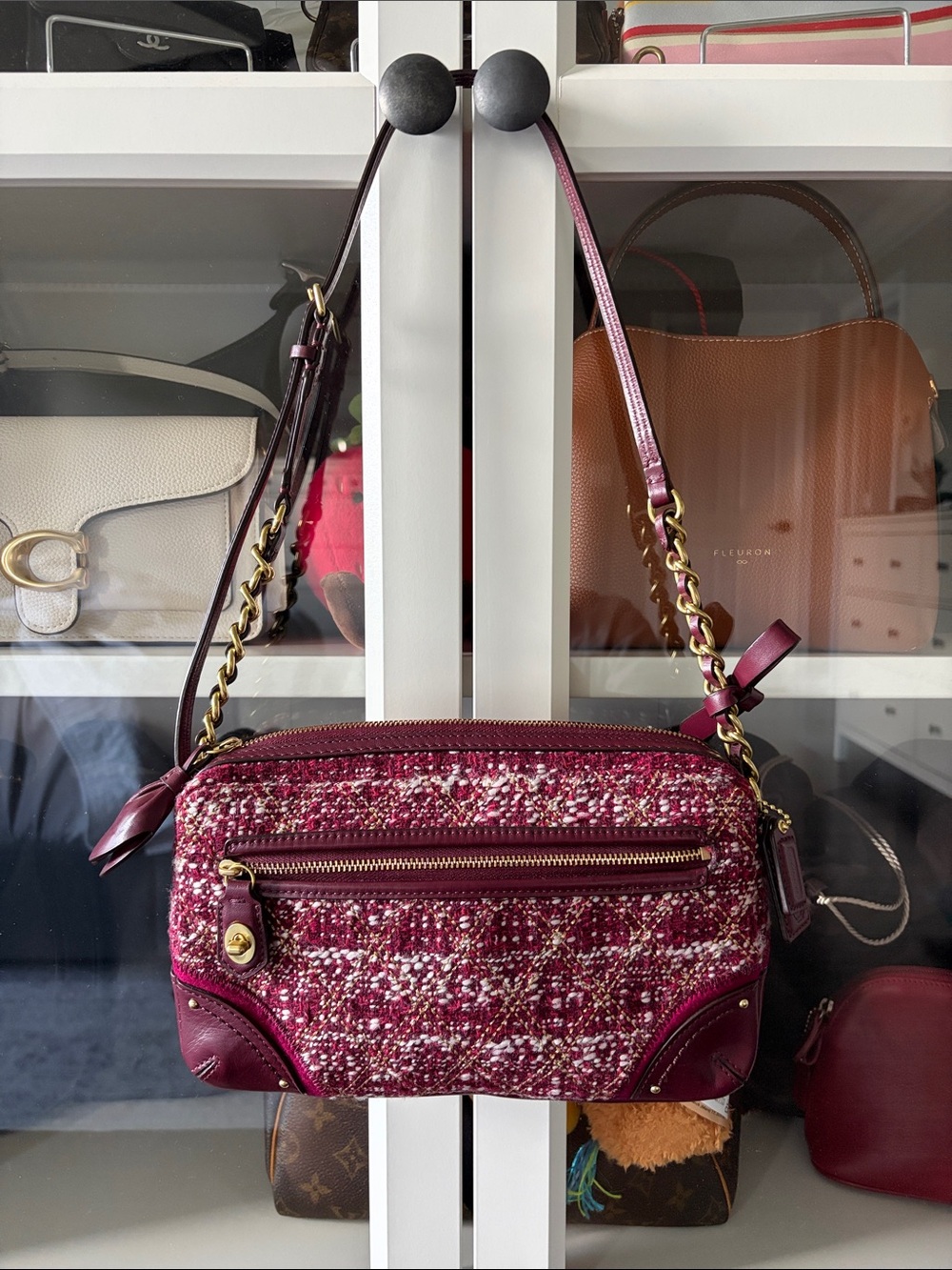 Coach Poppy Tweed Burgundy Shoulder Bag Turnlock Zip Pocket (Read below 👇)